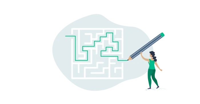 Lady drawing a path through a maze illustration