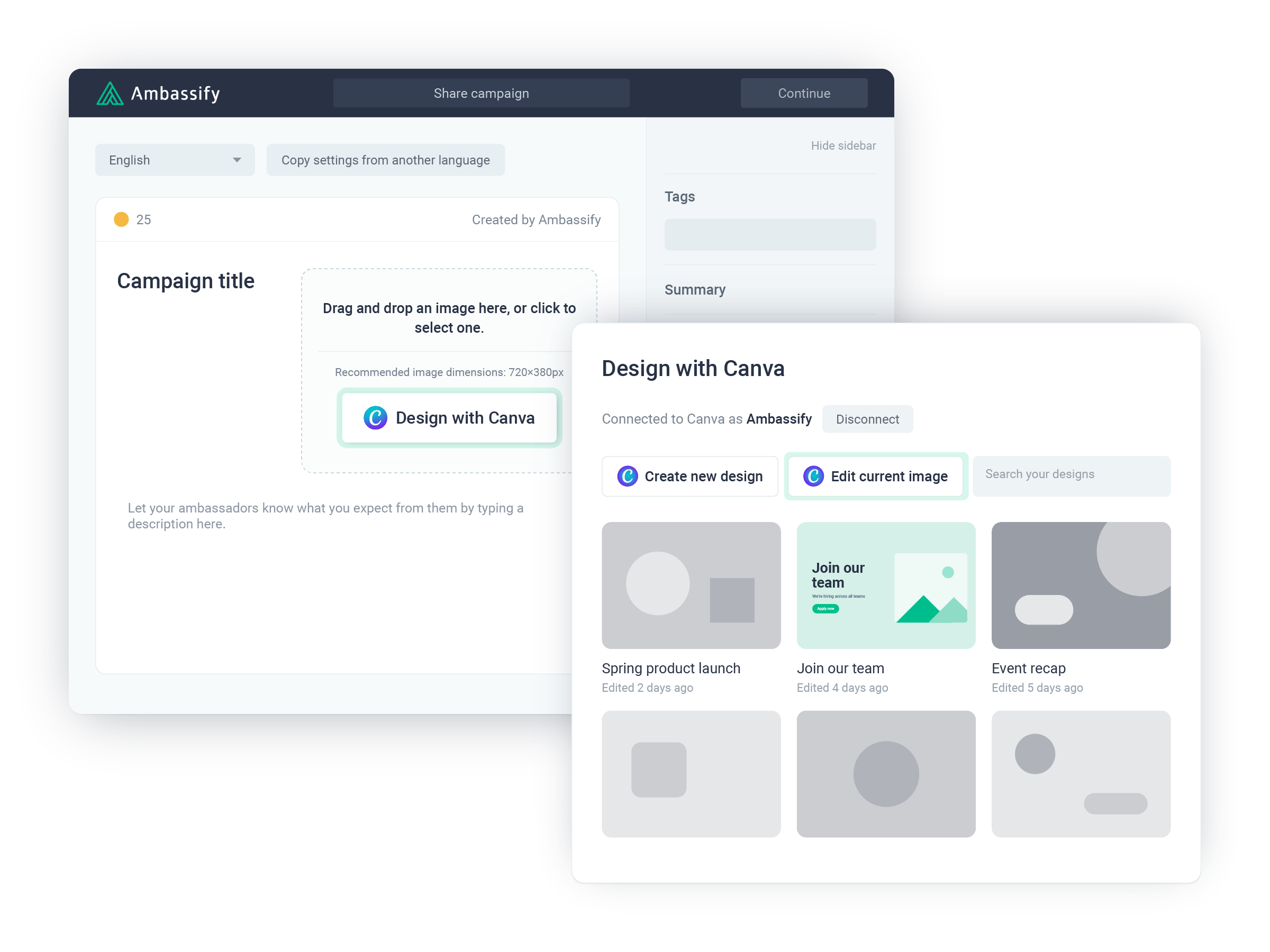 Canva integration design picker in Ambassify to search existing designs or create a new one