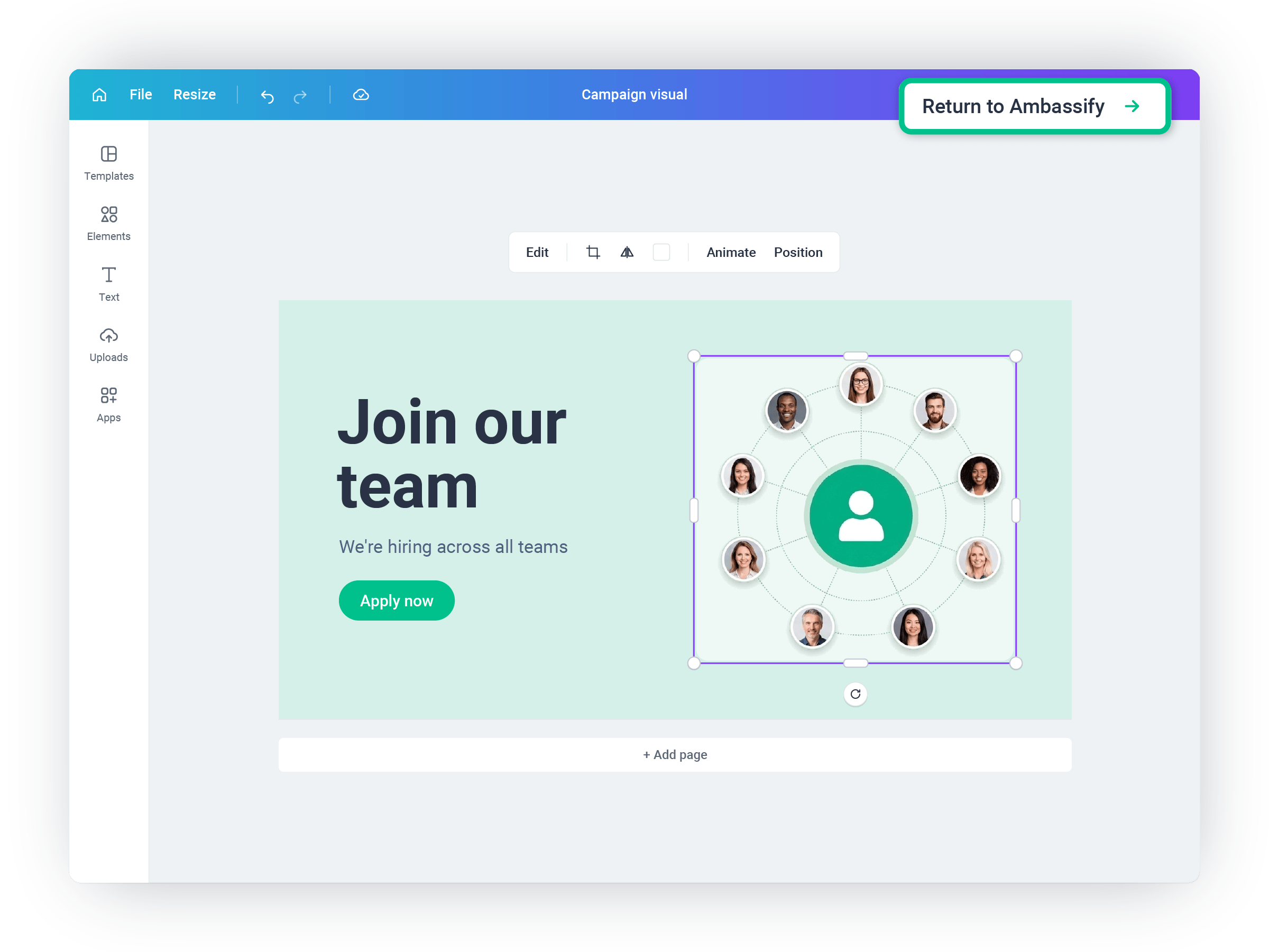 Campaign visual being edited in Canva with layers, text and the Return to Ambassify button
