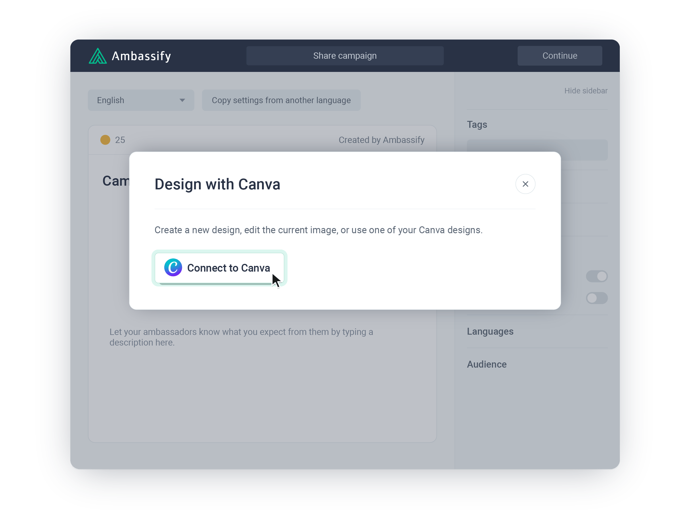 Design with Canva pop-up in the Ambassify campaign builder with a Connect to Canva button