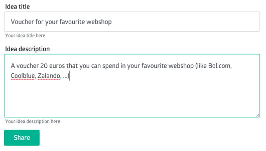 Ambassify ideation campaign form with idea title and description fields and a Share button