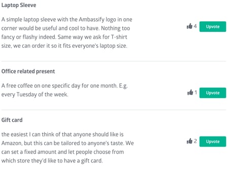 Submitted ideas in an Ambassify ideation campaign with upvote counts and Upvote buttons