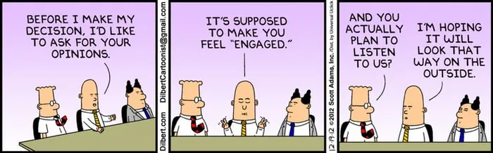 Dilbert cartoon about decision making by Scott Adams