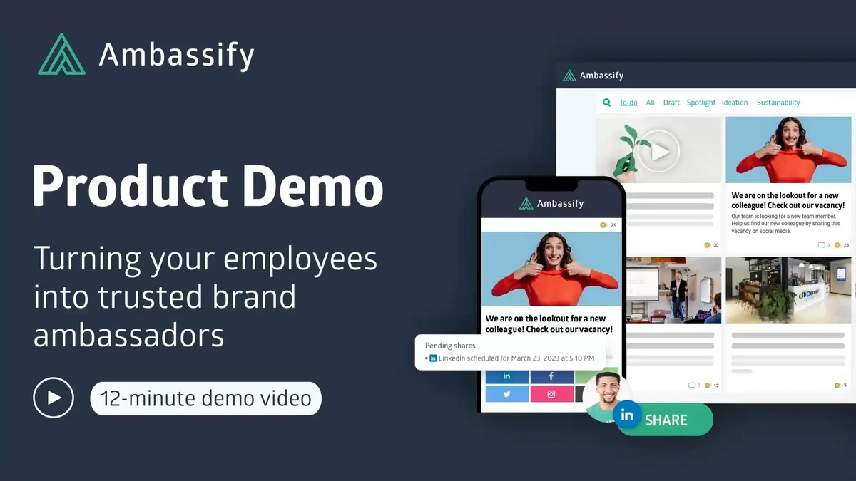 Ambassify product demo video cover showing community and mobile app