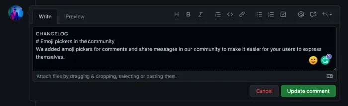 Leaving a changelog comment on a issue in Github
